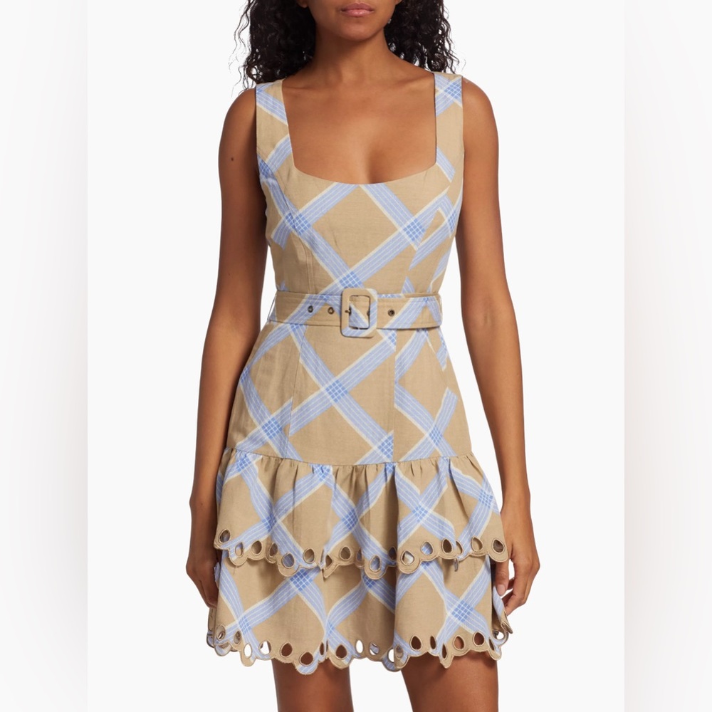 EN SAISON NWT Isla Embroidered Plaid Mini Dress M Belted Eyelet Blue Beige Tan